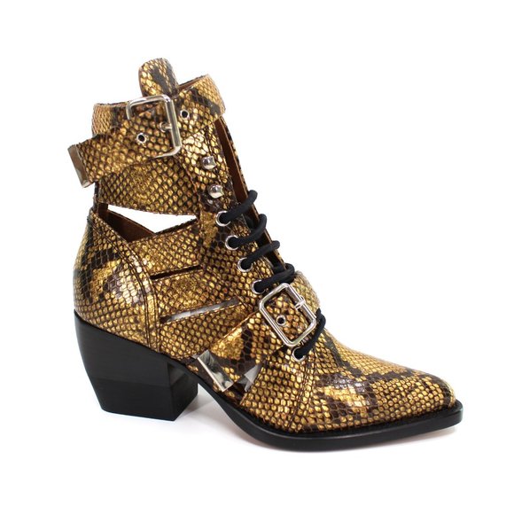 Chloe Rylee Leather Gold Python Embossed Caged Cut-Out Ankle Booties 36 NEW Boot - Picture 1 of 8